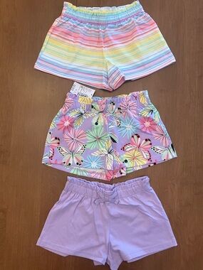 2T Girls Pastel Shorts Trio - Rainbow Stripe, Butterfly Floral & Lavender Solid